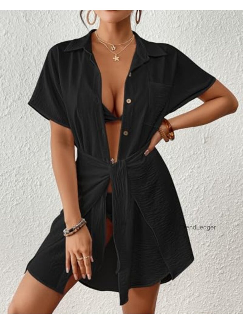 Short Sleeve Button Down Tie Beach Shirt Cover Up Dress - Picture 3 of 6